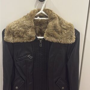 Women's Black Leather Jacket with Fur Collar